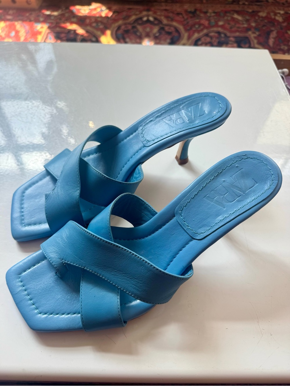 Zara Blue Leather Slide Sandals